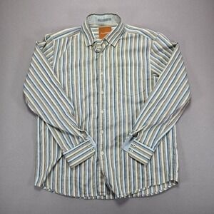 Tommy Bahama Striped Button Down 100% Cotton Casual Dress Shirt Blue Brown L‎